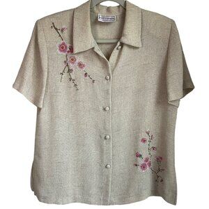 Karin Stevens Sz Large Shirt Sheer Mesh Woven Hand Painted Flowers beaded Y2K